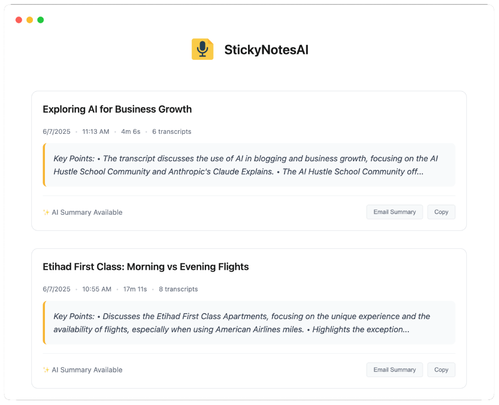 StickyNotesAI voice transcription sessions dashboard showing organized recording cards with AI-generated summaries and insights